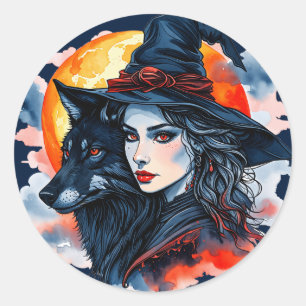 Witch with a Wolf - Halloween Fan Fun 2 Classic Round Sticker