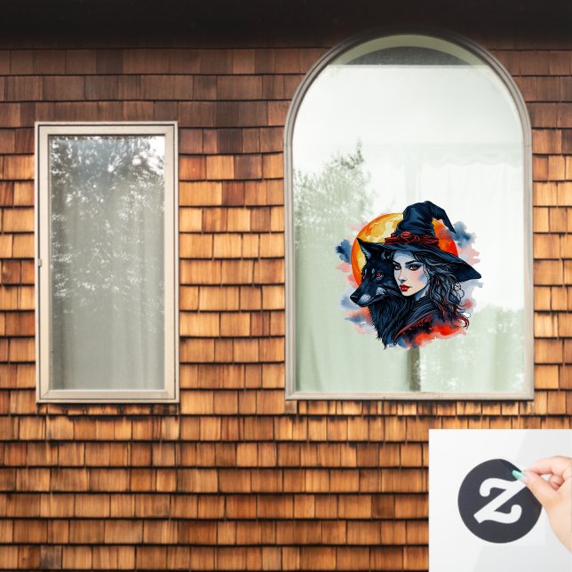 Witch with a Wolf - Halloween Fan Fun 2 Window Cling (Home Window)