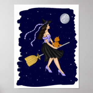 Witch with an Orange Cat on a Broomstick Poster