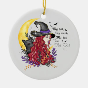 Witch with Black Cat and Crescent Moon Ceramic Tree Decoration