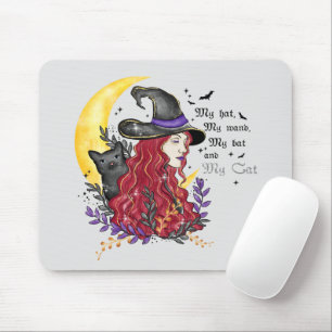 Witch with Black Cat and Crescent Moon Mouse Mat