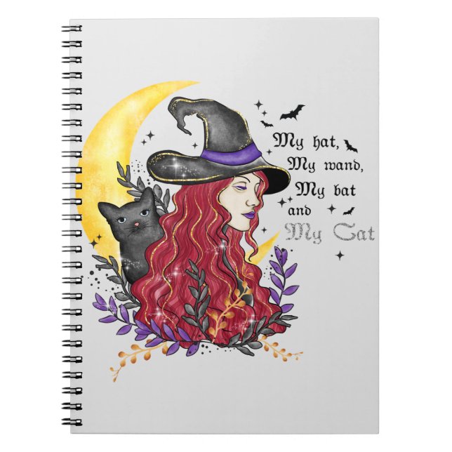 Witch with Black Cat and Crescent Moon Notebook (Front)