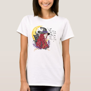 Witch with Black Cat and Crescent Moon T-Shirt