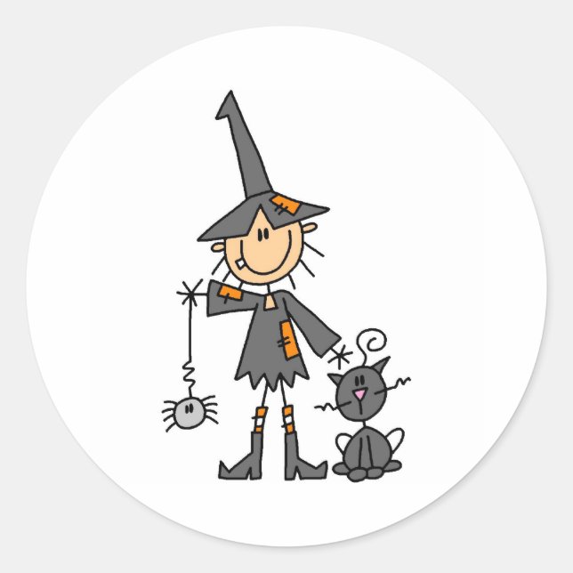 Witch with Black Cat Classic Round Sticker (Front)