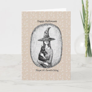 Witch with black cat Retro Classic Halloween Card