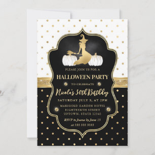 Witch with Black & White Polka Dots Birthday Invitation