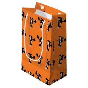 Witch with broom on orange small gift bag