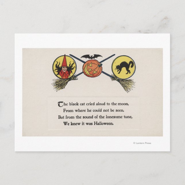Witch with Brooms, Cat, Moon Postcard (Front)