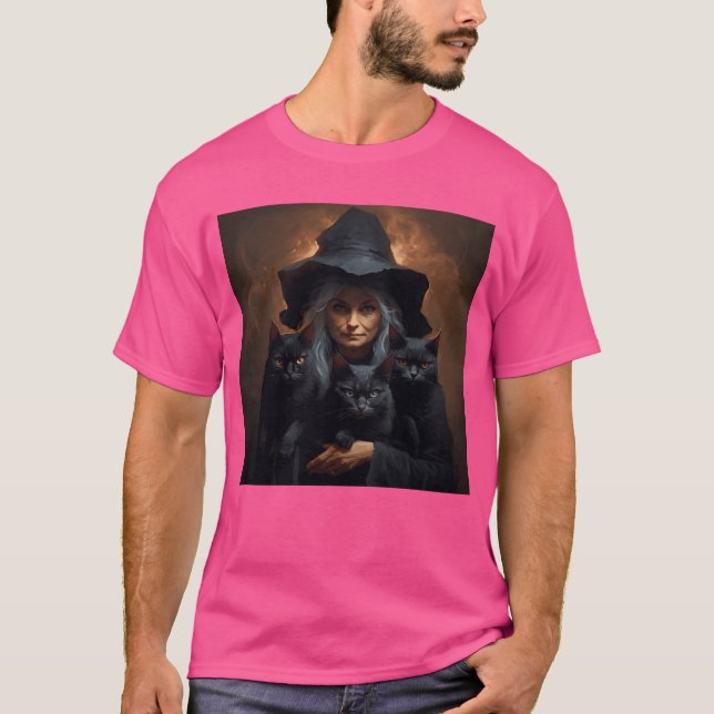 Witch with cats Halloween friend T-Shirt (Front)