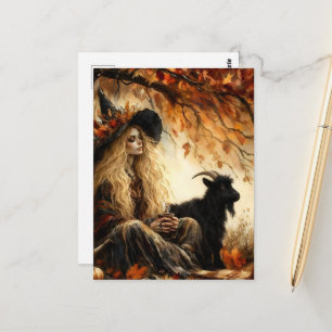 Witch With Coffee and Her Pet Black Goat in Autumn Postcard