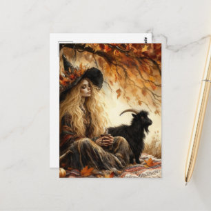 Witch With Coffee and Her Pet Goat in Autumn Postcard