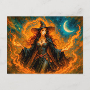 Witch with flames and crescent moon holiday postcard