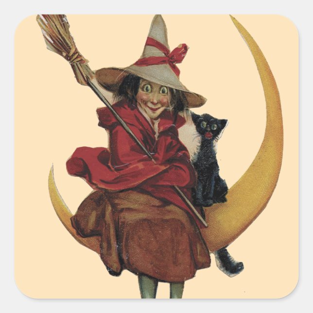 Witch with Her Cat on the Moon - Halloween Sticker (Front)