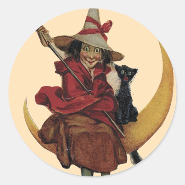 Witch with Her Cat on the Moon - Halloween Sticker (Front)