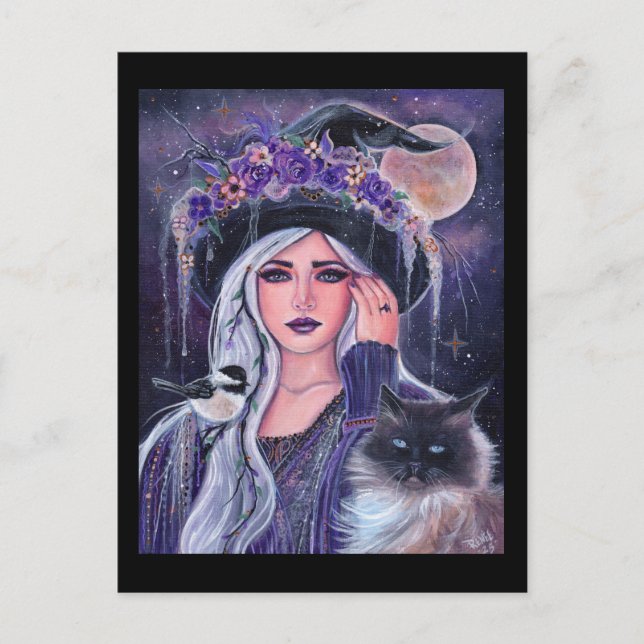 Witch with kitty labels by Renee Lavoie Postcard (Front)
