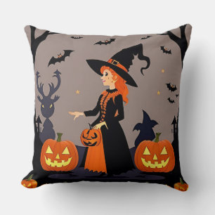 Witch With Pumpkins, Bats, and Spooky Decor Cushion