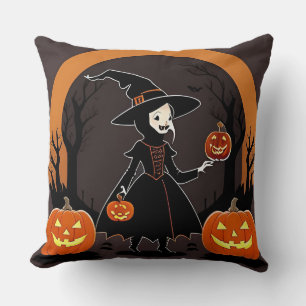 Witch With Pumpkins, Bats, and Spooky Decor Cushion