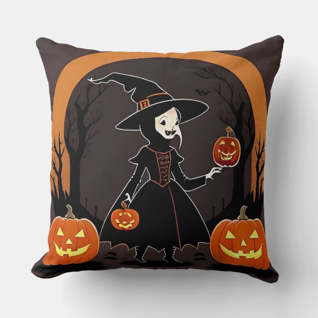 Witch With Pumpkins, Bats, and Spooky Decor Cushion (Front)