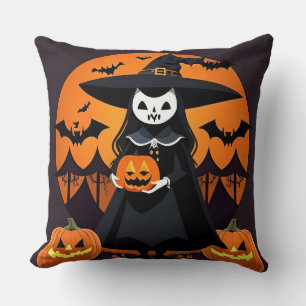 Witch With Pumpkins, Bats, and Spooky Decor Cushion