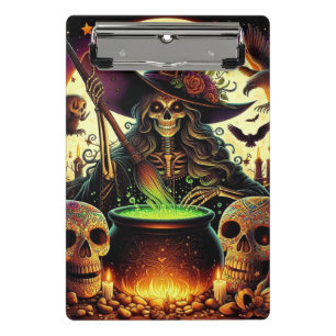 Witch with skeletons and cauldron. mini clipboard