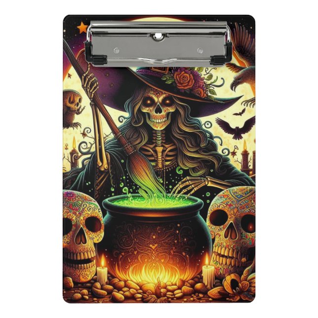 Witch with skeletons and cauldron. mini clipboard (Front)