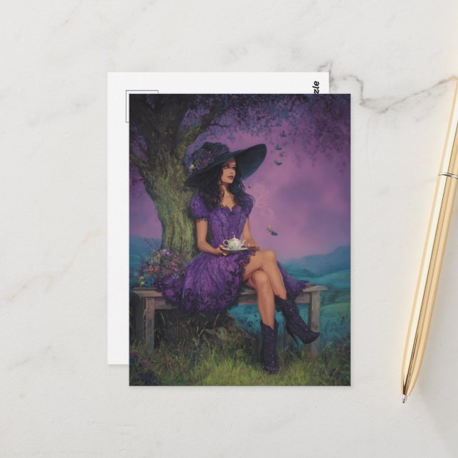 Witch With Tea on a Bench Under a Tree Postcard (Front/Back In Situ)