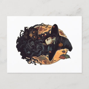 Witch with the black cat Halloween Postcard