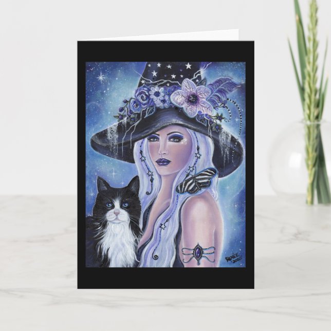 Witch with tuxedo cat art by Renee L. Lavoie Card (Front)