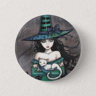 Witch with White Cat Pinback Button