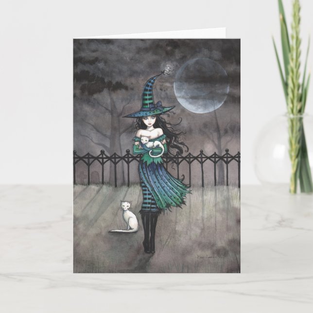 Witch with White Cats Greeting Card (Front)