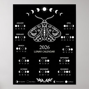 Witchcraft Moth Celestial Lunar Moon Calendar Poster