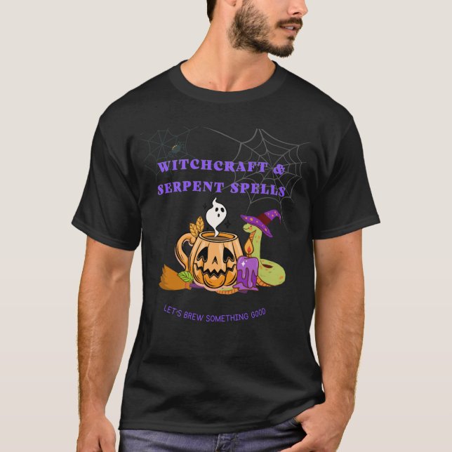"Witchcraft & Serpent Spells" Funny Halloween  T-Shirt (Front)