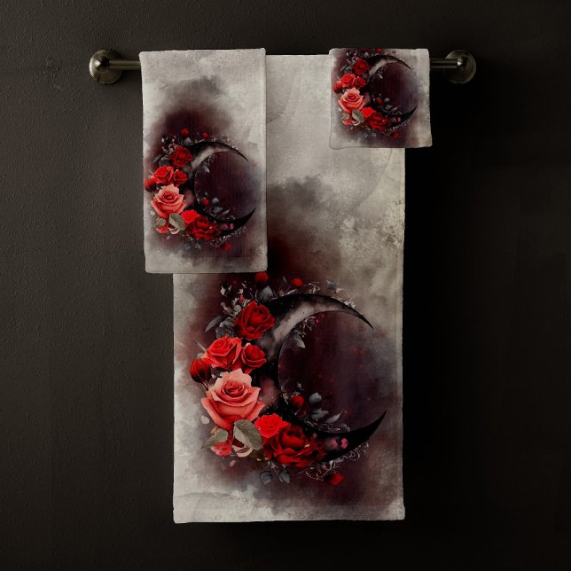 Witchery | Crescent Moon with Gothic Red Roses Bath Towel Set (Creator Uploaded)