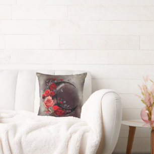 Witchery   Crescent Moon with Gothic Red Roses Cushion