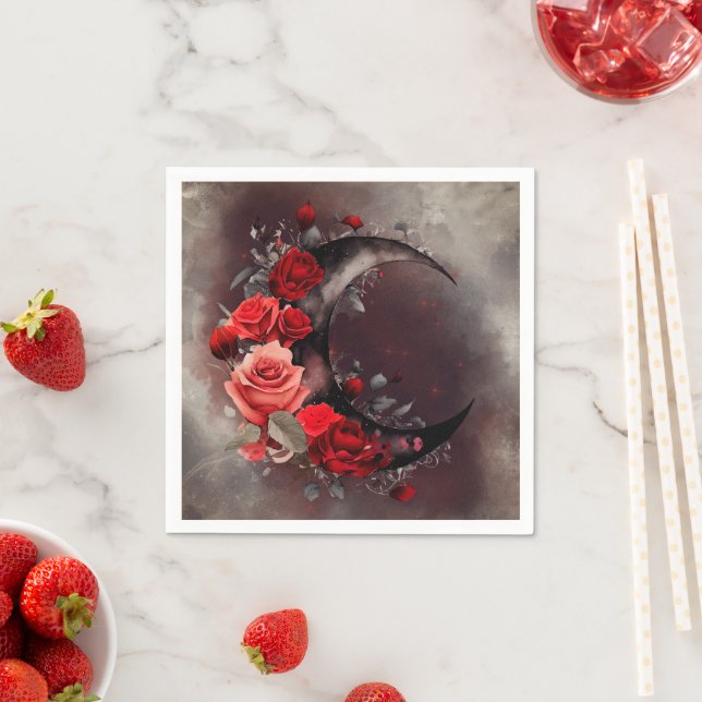 Witchery | Crescent Moon with Gothic Red Roses Napkin (Insitu)