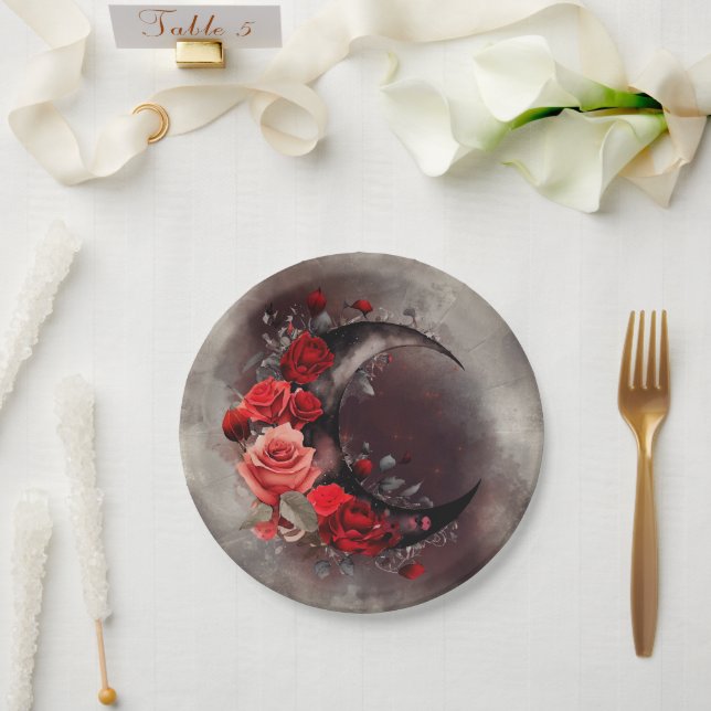 Witchery | Crescent Moon with Gothic Red Roses Paper Plate (Wedding)
