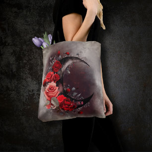 Witchery   Crescent Moon with Gothic Red Roses Tote Bag