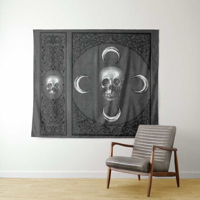 Witchery Flourish | Dark Grey Skull and Moon Tapestry (In Situ (Horizontal))