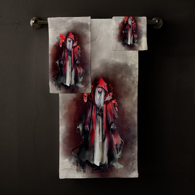 Witchery | Red Witch with Dark Evil Gothic Shadows Bath Towel Set (Creator Uploaded)
