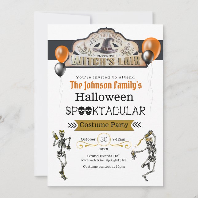 Witches and Dancing Skeletons Costume Party Invitation (Front)