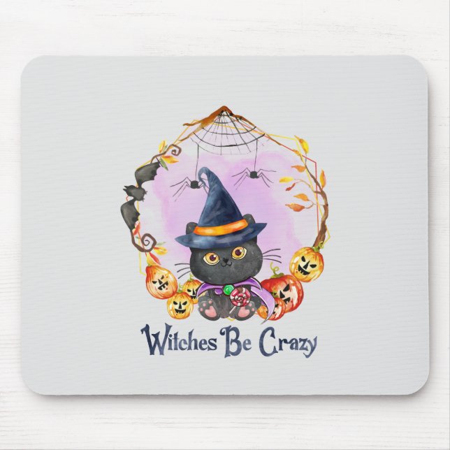 Witches Be Crazy – Witch Black Cat Mouse Mat (Front)