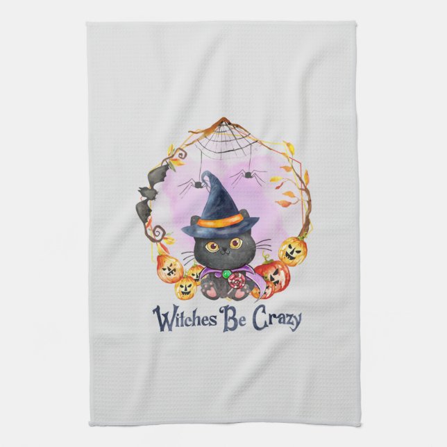Witches Be Crazy – Witch Black Cat Tea Towel (Vertical)