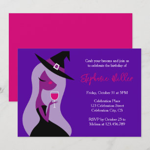Witches Birthday Party Halloween Wine Pink Purple  Invitation