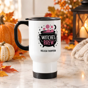 Witches Brew Cute Black and Pink Name Halloween Travel Mug