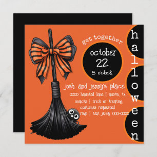 Witches Broom and Bow with Peeking Spider Party Invitation