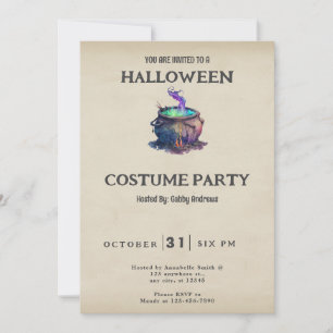 Witches Cauldron Green & Purple Vintage Halloween Invitation
