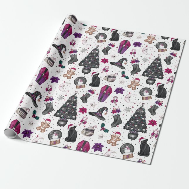 Witches Christmas Pattern Wrapping Paper (Unrolled)