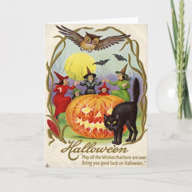 Witches Dancing Around Jack O' Lantern Card (Front)