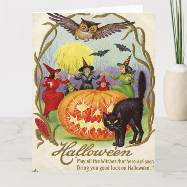 Witches Dancing Around Jack O' Lantern Card (Front)