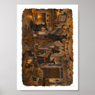 Witches Decorating Halloween Living Room for Cosy  Poster